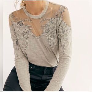 Free People Micha Mesh Embellished Long Sleeve Tee Size XS